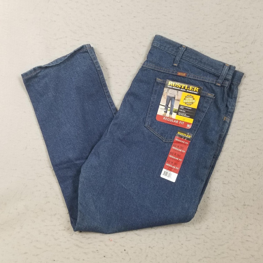 Rustler Regular Fit Jeans Mens 42x30 Blue Dark Wash Straight Denim Pants